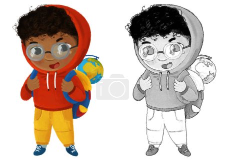 Photo for Cartoon child kid boy pupil going to school with globe learning childhood illustration for kids - Royalty Free Image