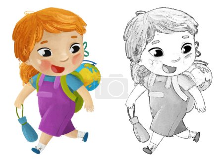 Photo for Cartoon child kid girl pupil going to school learning with globe childhood illustration for children - Royalty Free Image