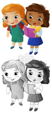 Photo for Cartoon child kids girl girlfriends friendship pupils going to school learning childhood illustration for children - Royalty Free Image