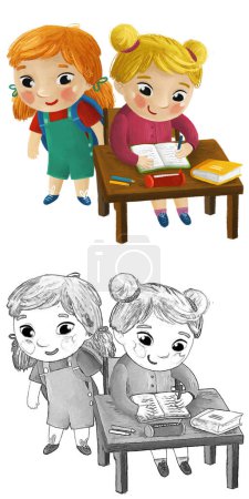 Foto de Dibujos animados niños niñas alumno sentado en el escritorio de la escuela aprendizaje lectura ilustración de la infancia para los niños - Imagen libre de derechos