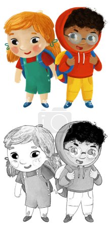 Photo for Cartoon child kid boy and girl pupils going to school learning childhood illustration for children - Royalty Free Image