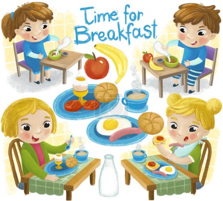 Foto de Escena de dibujos animados con niña señorita y niño comiendo ilustración desayuno saludable para los niños - Imagen libre de derechos