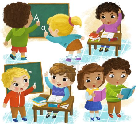 Photo for Cartoon child kid boy and girl pupils going to school learning solving tasks on the blackboard childhood illustration for kids - Royalty Free Image
