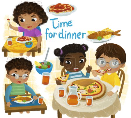 Téléchargez les photos : Scène de dessin animé avec garçon et fille manger de la pizza pour le dîner illustration pour les enfants - en image libre de droit