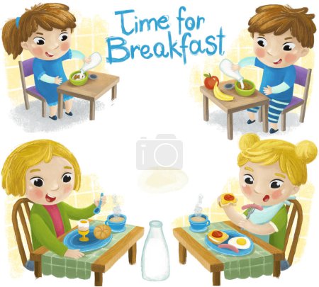 Photo for Cartoon scene with girl little lady and boy eating healthy breakfast illustration for children - Royalty Free Image