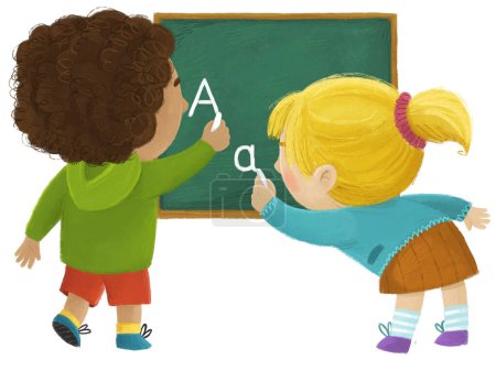 Photo for Cartoon child kid boy and girl pupils going to school learning solving tasks on the blackboard childhood illustration for kids - Royalty Free Image