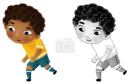 Foto de Escena de dibujos animados con niños jugando fútbol deporte pelota corriendo hobby de fútbol - ilustración para los niños - Imagen libre de derechos