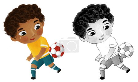 Téléchargez les photos : Scène de dessin animé avec enfant jouant au football ballon de sport passe-temps de football illustration pour les enfants - en image libre de droit