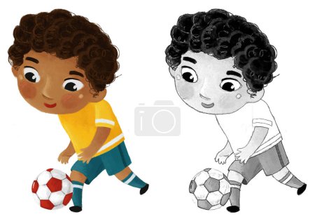 Foto de Escena de dibujos animados con niños jugando fútbol deporte pelota corriendo hobby de fútbol - ilustración para los niños - Imagen libre de derechos