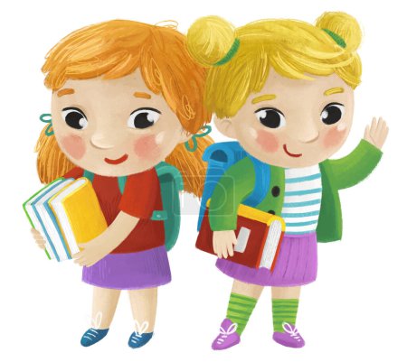 Photo for Cartoon child kids girl girlfriends friendship pupils going to school learning childhood illustration for kids - Royalty Free Image