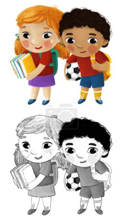 Photo for Cartoon child kid boy and girl pupils going to school learning childhood illustration for kids - Royalty Free Image