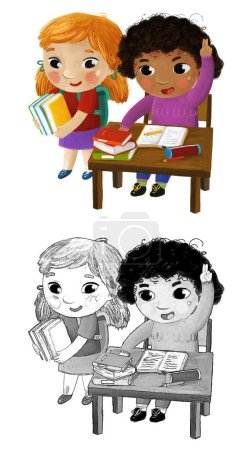 Photo for Cartoon child kid girls pupil sitting in school desk learning reading childhood illustration for kids - Royalty Free Image
