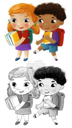 Foto de Dibujos animados niño niño y niña alumnos que van a la escuela aprendizaje ilustración de la infancia para los niños - Imagen libre de derechos