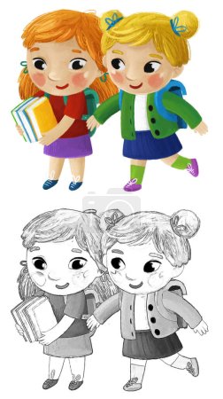 Foto de Dibujos animados niños niñas novias amistad alumnos ir a la escuela aprendizaje infantil ilustración para niños - Imagen libre de derechos