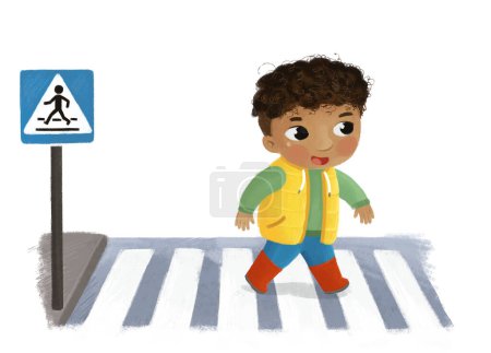 Téléchargez les photos : Scène de dessin animé avec enfant garçon passant par la traversée dans la ville illustration de rue pour les enfants - en image libre de droit