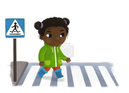Téléchargez les photos : Scène de dessin animé avec enfant fille traversant la traversée dans la ville illustration de rue pour les enfants - en image libre de droit