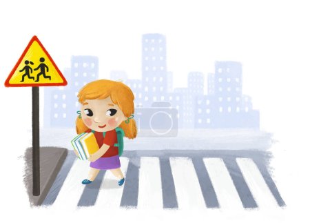 Téléchargez les photos : Scène de dessin animé avec enfant fille traversant la traversée dans la ville illustration de rue pour les enfants - en image libre de droit