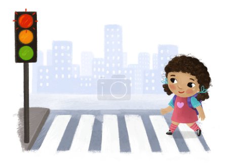 Photo for Cartoon scene with child girl going through crossing in the city street illustration for children - Royalty Free Image