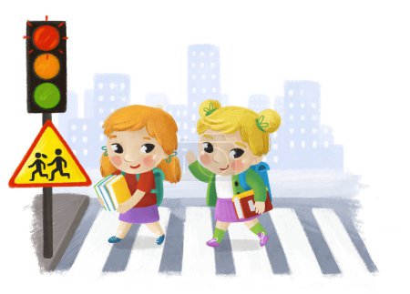 Photo for Cartoon scene with child girl going through crossing in the city street illustration for children - Royalty Free Image