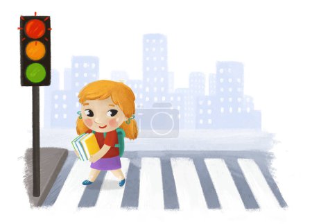 Foto de Escena de dibujos animados con niña pasando por el cruce en la calle de la ciudad ilustración para niños - Imagen libre de derechos