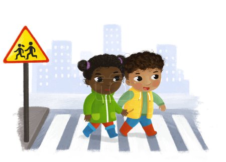 Téléchargez les photos : Scène de dessin animé avec enfant garçon et fille traversant la traversée dans la ville illustration de rue pour les enfants - en image libre de droit