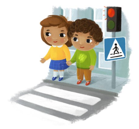 Foto de Escena de dibujos animados con niño y niña pasando por el cruce en la calle de la ciudad ilustración para niños - Imagen libre de derechos