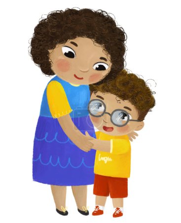 Téléchargez les photos : Scène de dessin animé avec heureux aimant famille mère et fils sur fond blanc illustration pour les enfants - en image libre de droit