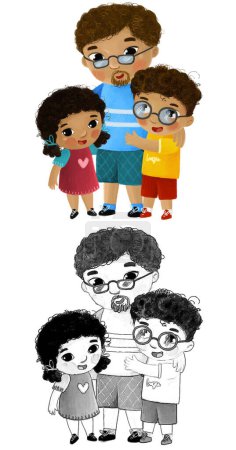 Foto de Escena de dibujos animados con familia amorosa feliz padre hijos hijo y dauhter sobre fondo blanco ilustración para niños - Imagen libre de derechos