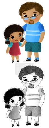 Téléchargez les photos : Scène de dessin animé avec heureux aimant père de famille et fille sur fond blanc illustration pour les enfants - en image libre de droit
