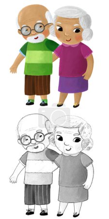 Photo for Cartoon scene with happy loving family grandmother grandma grandfather grandpa husband wife on white background illustration for kids - Royalty Free Image