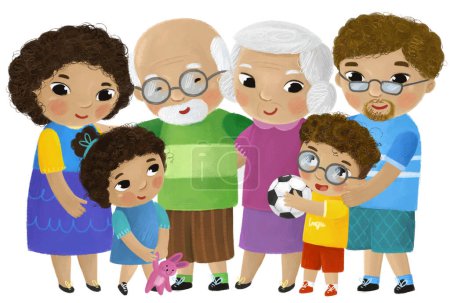Téléchargez les photos : Scène de dessin animé avec enfants père mère grand-père grand-mère grand-père illustration de famille pour les enfants - en image libre de droit