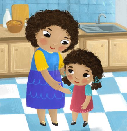 Téléchargez les photos : Scène de dessin animé avec la famille dans la cuisine jeune et adulte illustration pour les enfants - en image libre de droit
