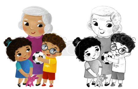 Foto de Escena de dibujos animados con feliz familia cariñosa abuela hijos nieto y nieto nieto sobre fondo blanco ilustración para niños - Imagen libre de derechos