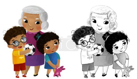 Foto de Escena de dibujos animados con feliz familia cariñosa abuela hijos nieto y nieto nieto sobre fondo blanco ilustración para niños - Imagen libre de derechos
