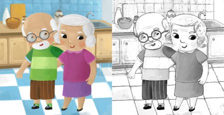 Téléchargez les photos : Scène de dessin animé avec heureux aimant famille grand-mère grand-père grand-père mari femme dans la cuisine illustration pour les enfants - en image libre de droit
