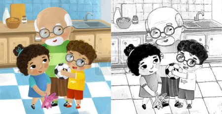 Photo for Cartoon scene with family in the kitchen young and grownups illustration for kids - Royalty Free Image