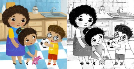 Foto de Escena de dibujos animados con la familia en la cocina joven y adultos ilustración para niños - Imagen libre de derechos