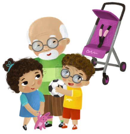 Téléchargez les photos : Scène de dessin animé avec grand-père et enfants fille et garçon près de voiture de bébé jouant sur fond blanc illustration - en image libre de droit