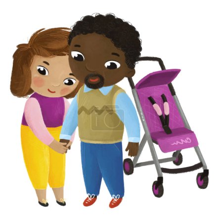 Téléchargez les photos : Scène de dessin animé avec père et mère près de voiture de bébé jouant sur fond blanc illustration - en image libre de droit