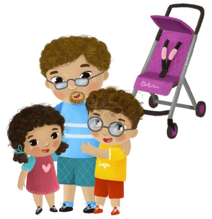 Téléchargez les photos : Scène de dessin animé avec père et enfants fille et garçon près de la voiture de bébé jouant sur fond blanc illustration - en image libre de droit
