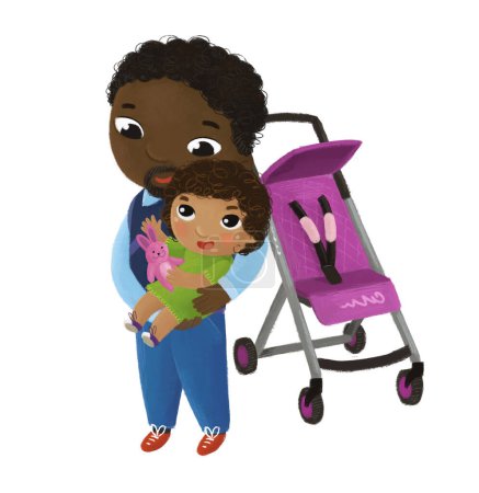 Téléchargez les photos : Scène de dessin animé avec père et enfant fille tout-petit près de voiture de bébé jouant sur fond blanc illustration - en image libre de droit