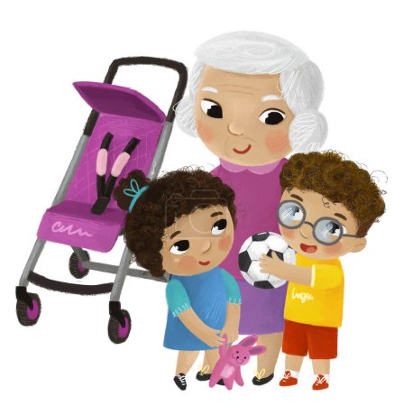 Foto de Escena de dibujos animados con la abuela y los niños niño y niña cerca de carro de bebé jugando sobre fondo blanco ilustración - Imagen libre de derechos