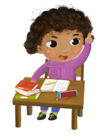 Photo for Cartoon child kid girl pupil going to school learning reading by the desk with globe childhood illustration - Royalty Free Image