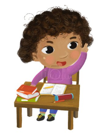 Foto de Dibujos animados niño niña alumna ir a la escuela aprendizaje lectura por el escritorio con ilustración de la infancia globo - Imagen libre de derechos