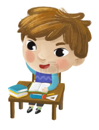 Foto de Dibujos animados niño niño niño alumno ir a la escuela aprendizaje lectura por el escritorio con ilustración de la infancia globo - Imagen libre de derechos