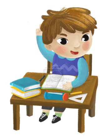 Foto de Dibujos animados niño niño niño alumno ir a la escuela aprendizaje lectura por el escritorio con ilustración de la infancia globo - Imagen libre de derechos