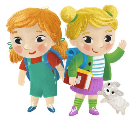 Photo for Cartoon child kids girl girlfriends friendship pupils going to school learning childhood illustration for children with dog - Royalty Free Image