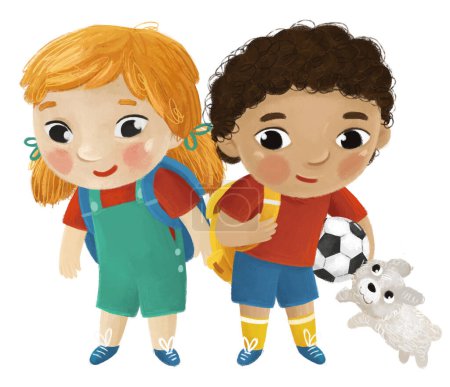 Photo for Cartoon child kid boy and girl pupils going to school learning childhood illustration for children with dog - Royalty Free Image