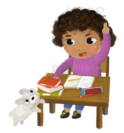 Photo for Cartoon child kid girl pupil going to school learning reading by the desk childhood illustration for kids with dog - Royalty Free Image