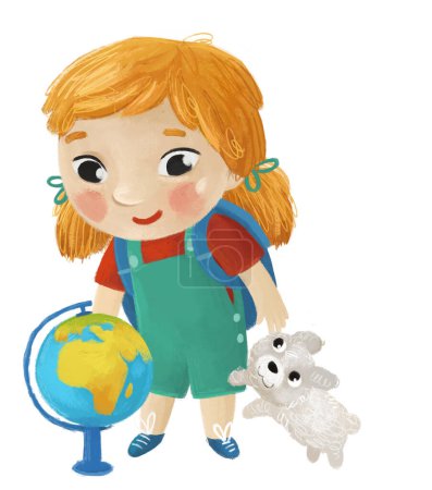Photo for Cartoon child kid girl pupil going to school learning with globe childhood illustration for children with dog - Royalty Free Image